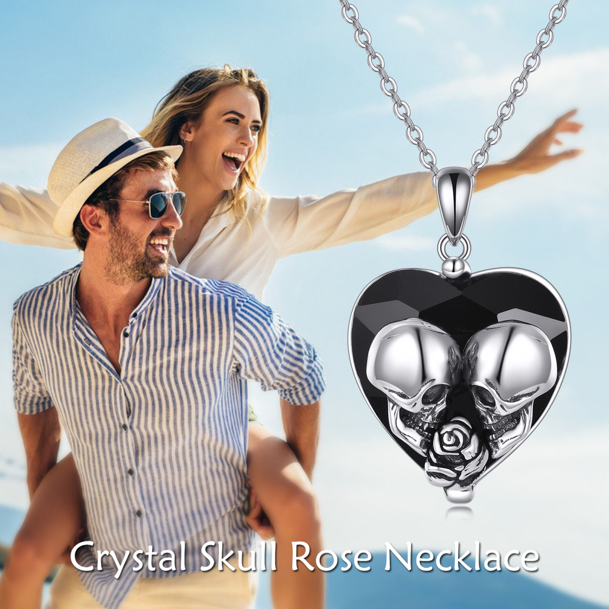 Sterling Silver Heart Crystal Rose Skull Pendant Necklace For Women-6