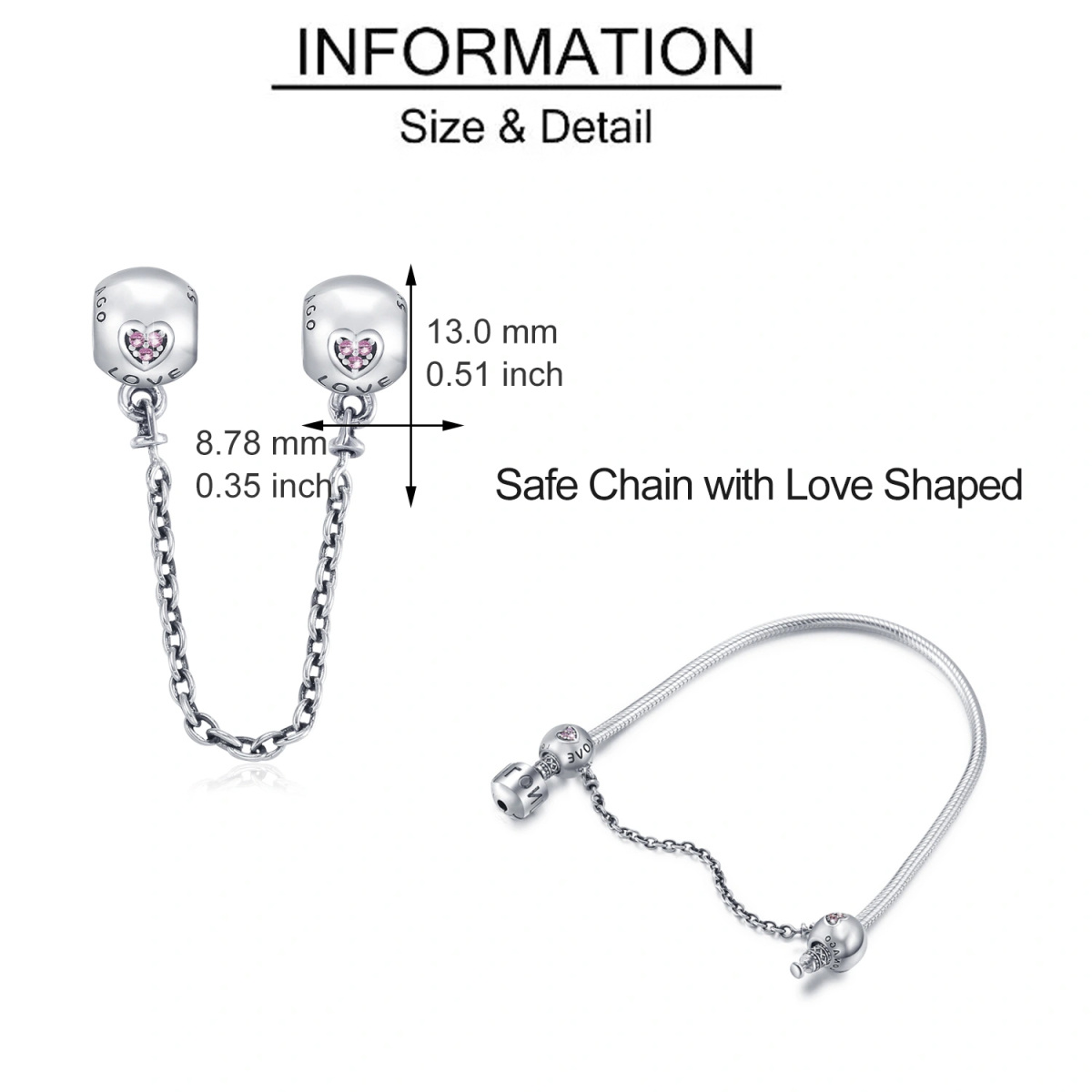 Sterling Silver Heart Cubic Zirconia Heart Safety Chain Charm With Engraved Word For Women-6