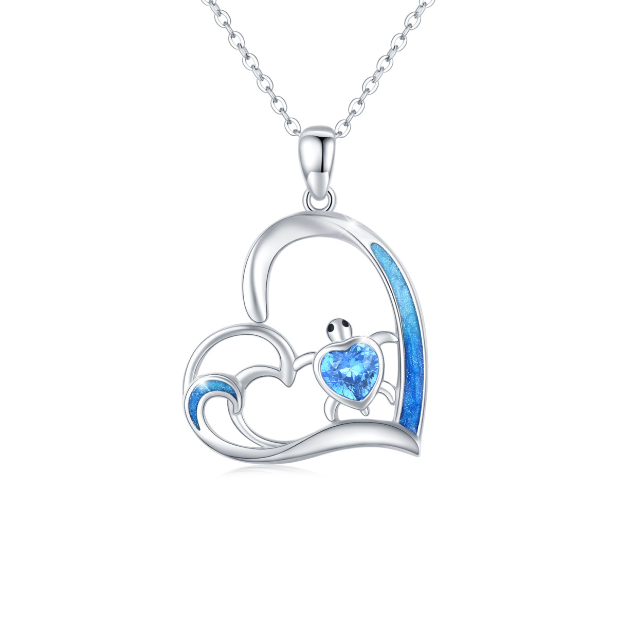 Collar con colgante de corazón y tortuga marina de cristal de plata de ley para mujer-1