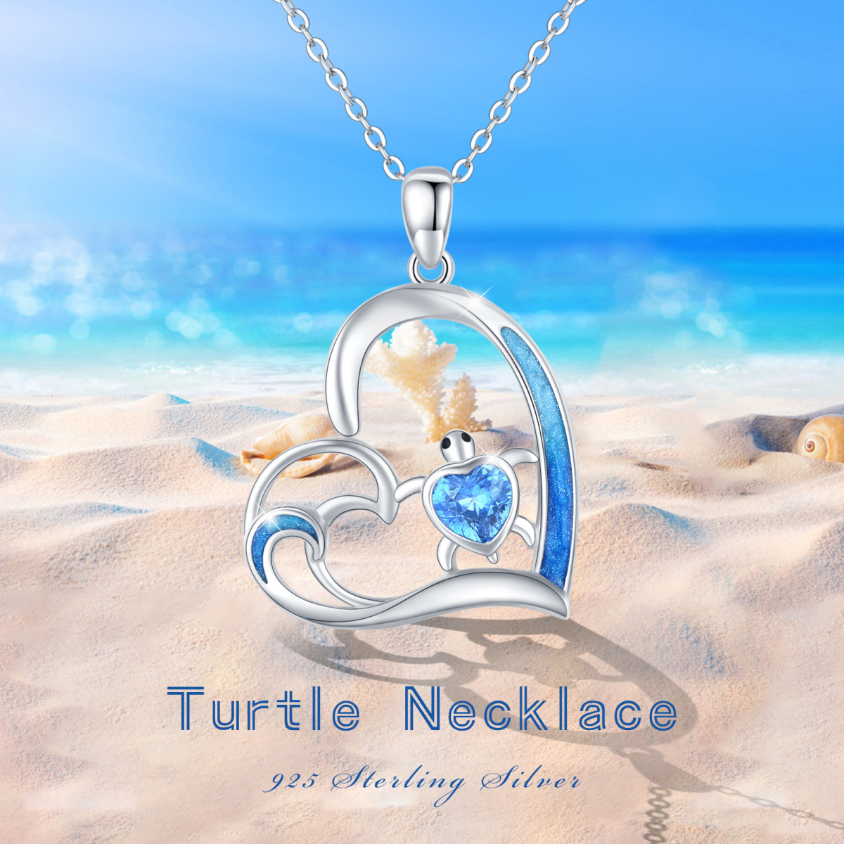 Sterling Silver Heart Crystal Sea Turtle & Heart Pendant Necklace For Women-5