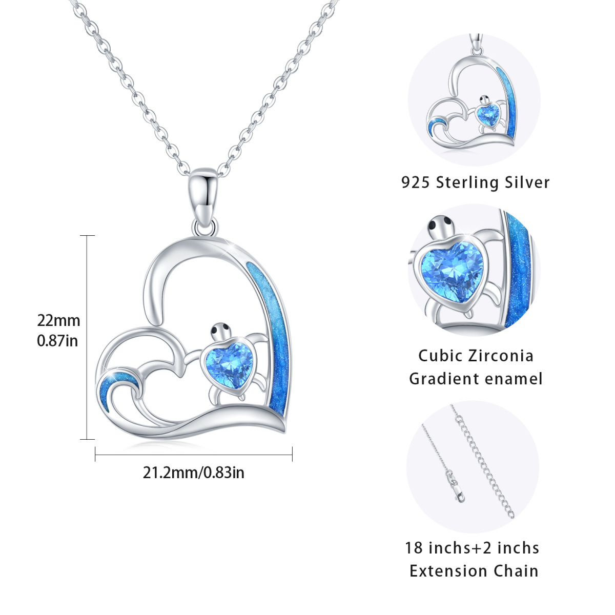 Collana da donna con ciondolo a forma di cuore e tartaruga marina in cristallo di cuore in argento sterling-6