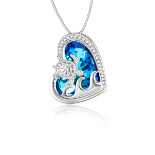 Sterling Silver Heart Sea Turtle With Spray Crystal Pendant Necklace For Women Best Friend-4