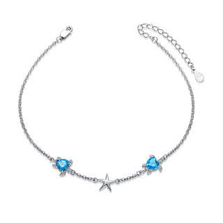 Sterling Silver Heart Shaped Cubic Zirconia Sea Turtle & Starfish Single Layer Anklet-49