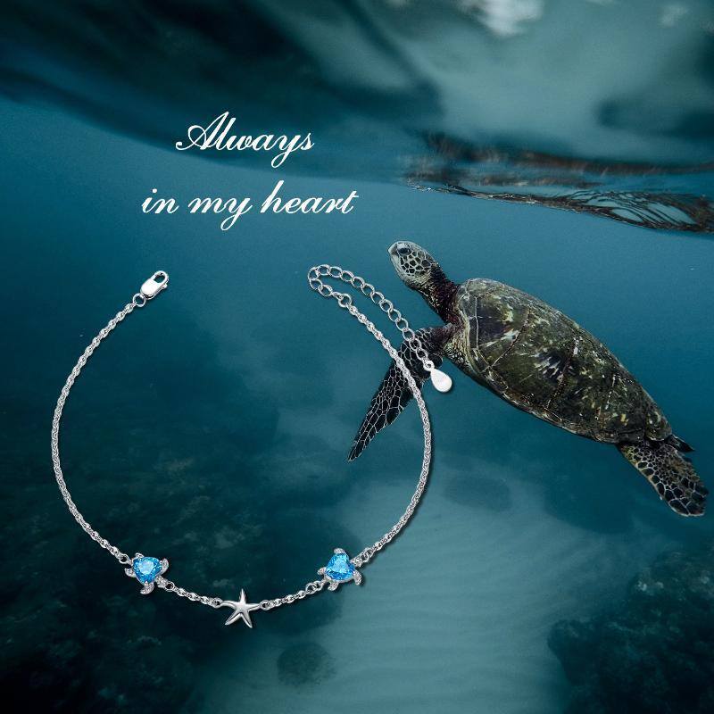 Sterling Silver Heart Shaped Cubic Zirconia Sea Turtle & Starfish Single Layer Anklet-4
