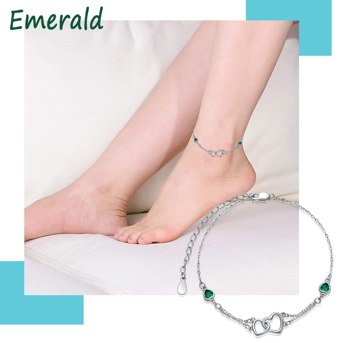 Sterling Silver Heart Shaped Cubic Zirconia Heart With Heart Single Layer Anklet-3