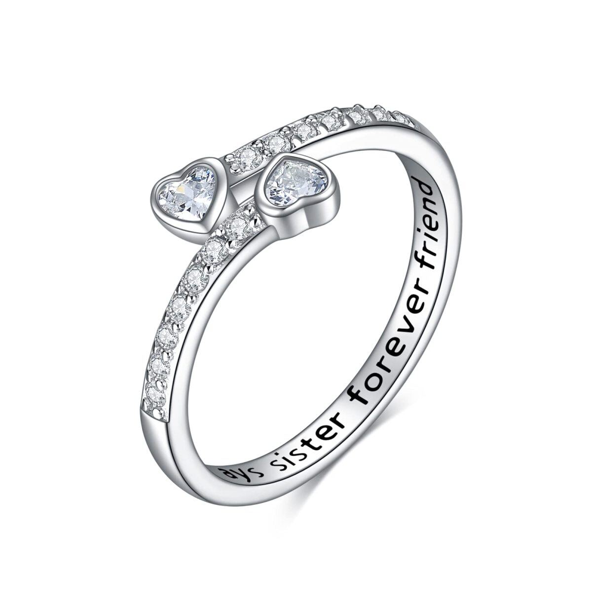 Sterling Silver Heart Cubic Zirconia Heart Ring With Engraved Word For Women-1