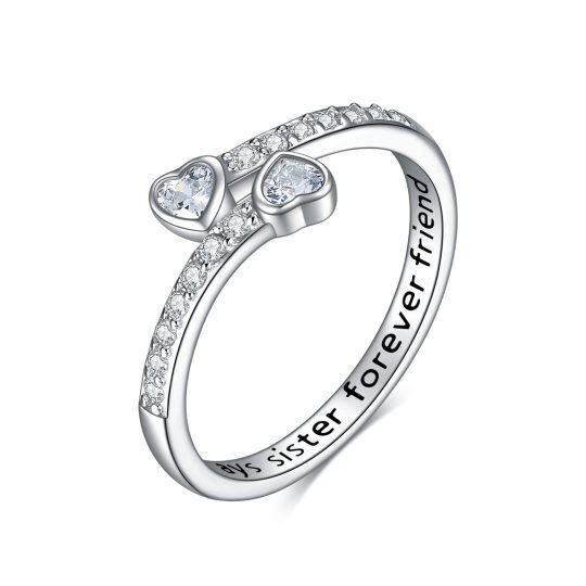 Sterling Silver Heart Shaped Cubic Zirconia Sisters & Heart Ring with Engraved Word