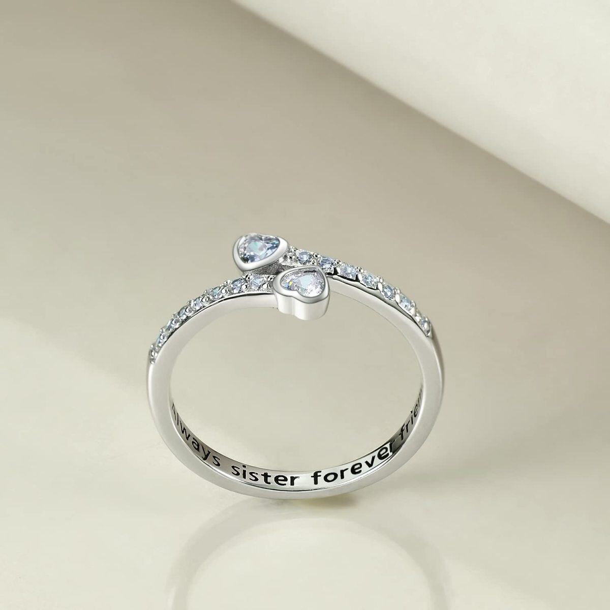 Sterling Silver Heart Cubic Zirconia Heart Ring With Engraved Word For Women-3