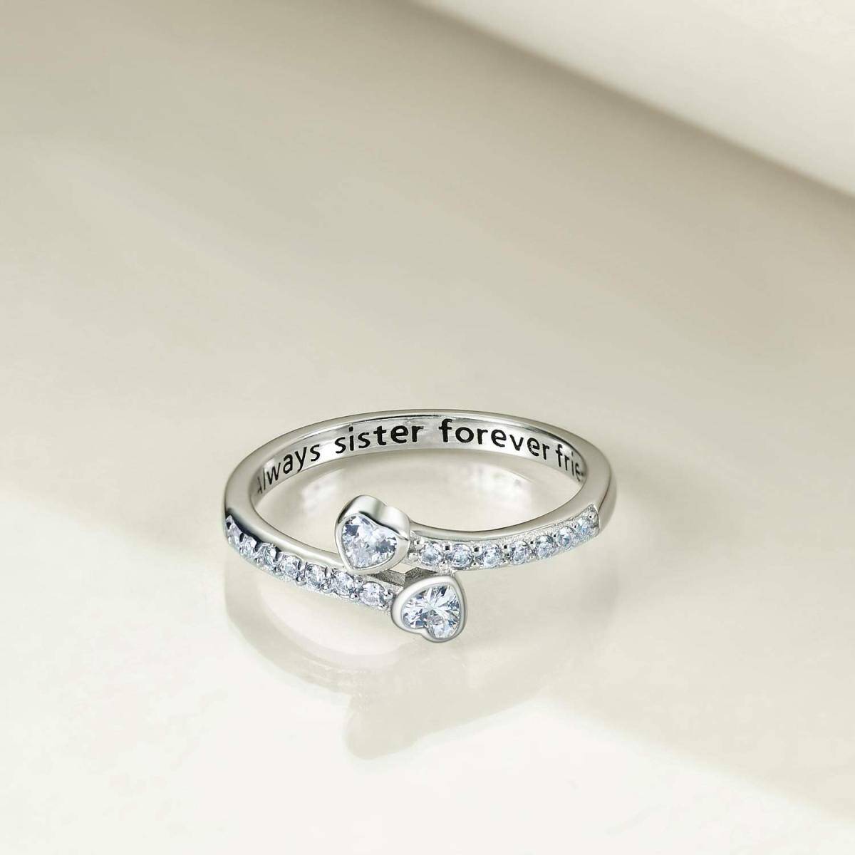 Sterling Silver Heart Cubic Zirconia Heart Ring With Engraved Word For Women-4