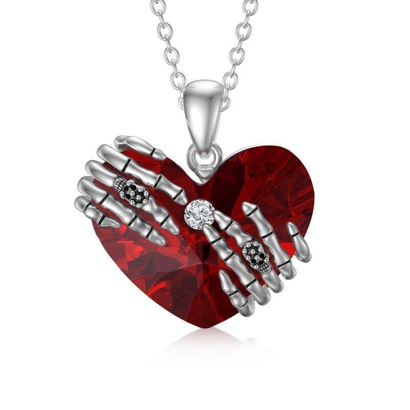 Sterling Silver Skull With Ruby Heart Crystal Pendant Necklace For Women-1