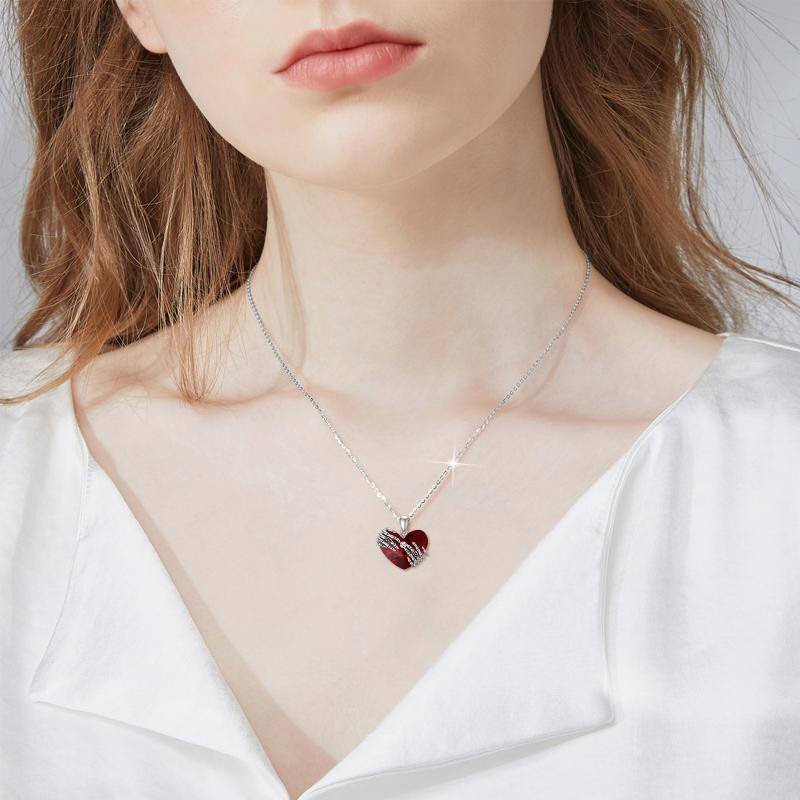 Sterling Silver Skull With Ruby Heart Crystal Pendant Necklace For Women-2