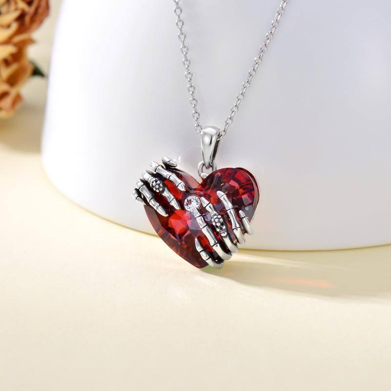 Sterling Silver Skull With Ruby Heart Crystal Pendant Necklace For Women-3