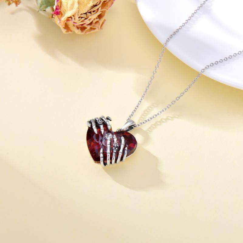 Sterling Silver Skull With Ruby Heart Crystal Pendant Necklace For Women-4