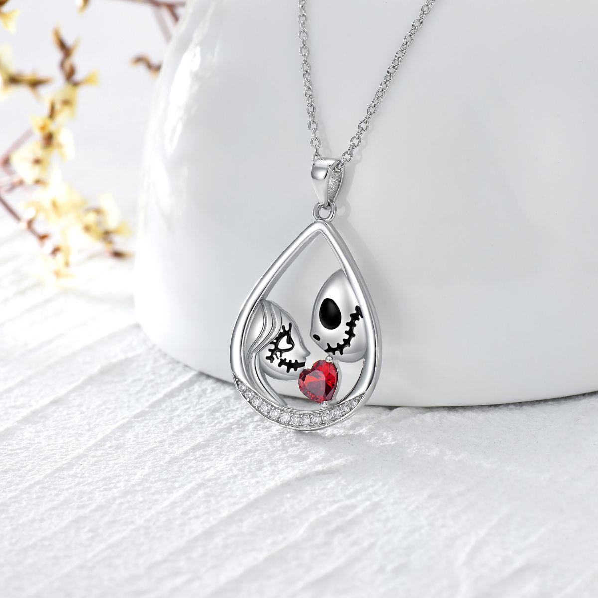 Sterling Silver Heart Shaped Cubic Zirconia Skull Pendant Necklace-3