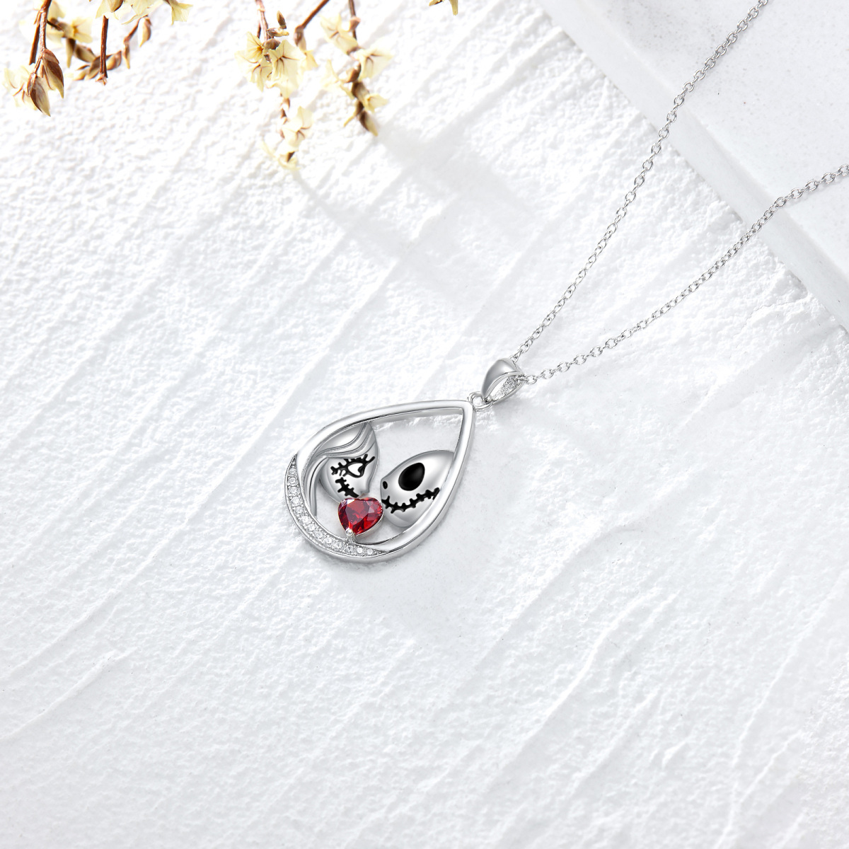 Sterling Silver Heart Shaped Cubic Zirconia Skull Pendant Necklace-4