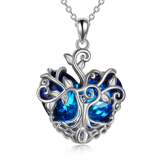 Sterling Silver Heart Shaped Tree Of Life Crystal Pendant Necklace-1