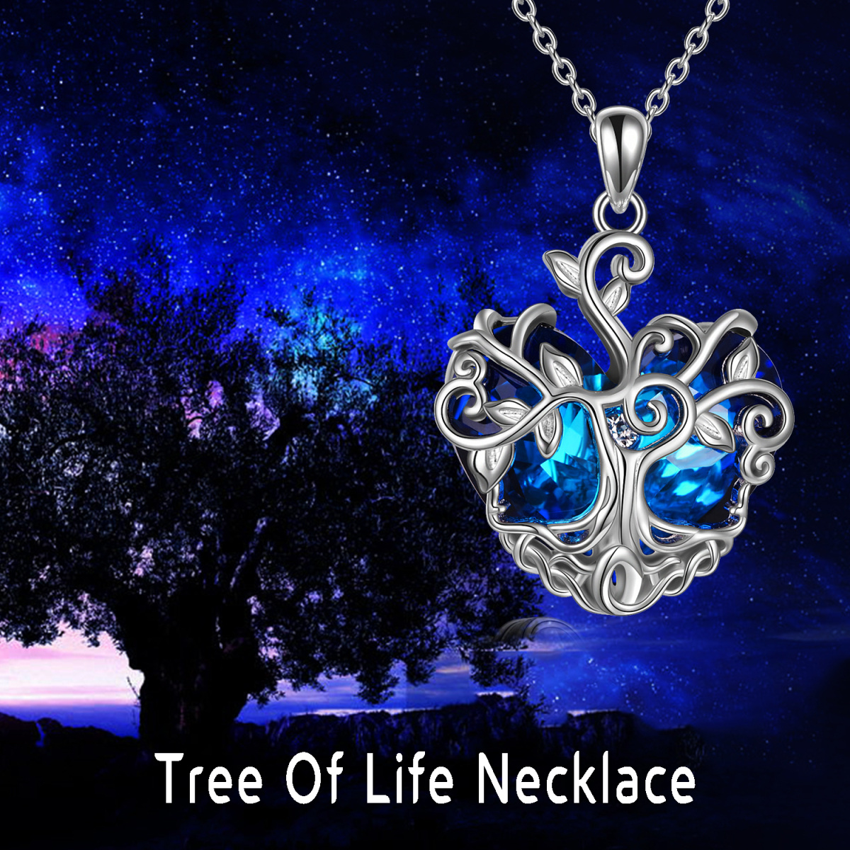 Sterling Silver Heart Shaped Tree Of Life Crystal Pendant Necklace-5