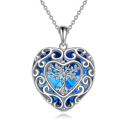 Plata de ley en forma de corazón Árbol de la Vida y Corazón Colgante Collar de Cristal