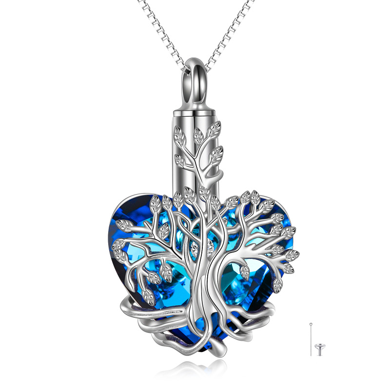Sterling Silver Heart Shaped Tree Of Life Crystal Pendant Necklace-5