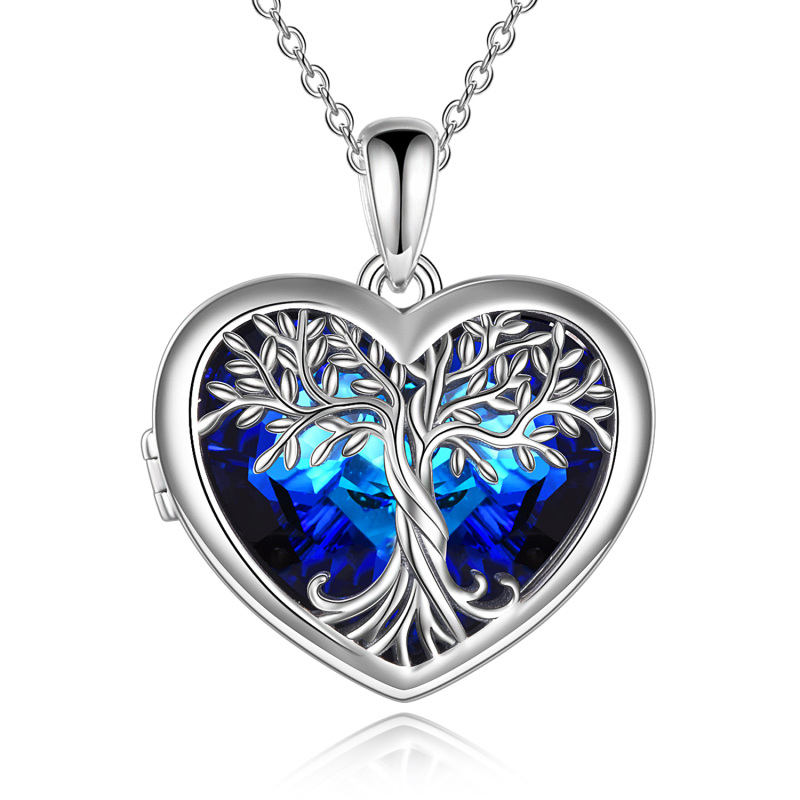 Sterling Silver Heart Shaped Tree Of Life Crystal Pendant Necklace-5