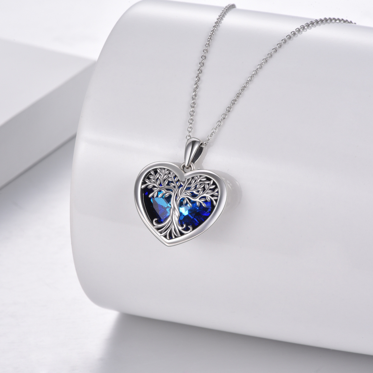 Sterling Silver Heart Shaped Tree Of Life Crystal Pendant Necklace-4