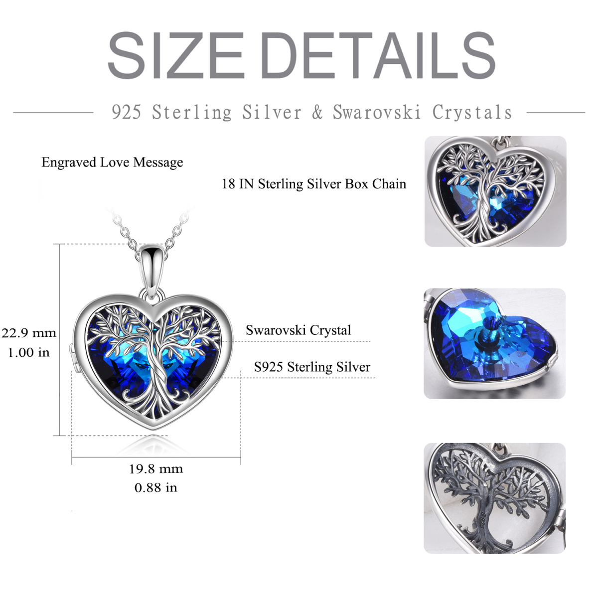 Sterling Silver Heart Shaped Tree Of Life Crystal Pendant Necklace-5