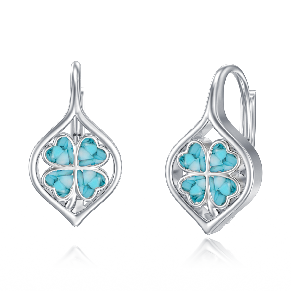 Sterling Silver Heart Shaped Turquoise Four Leaf Clover Lever-back Earrings-1