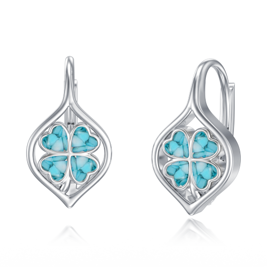 Sterling Silver Heart Shaped Turquoise Four Leaf Clover Lever-back Earrings-3