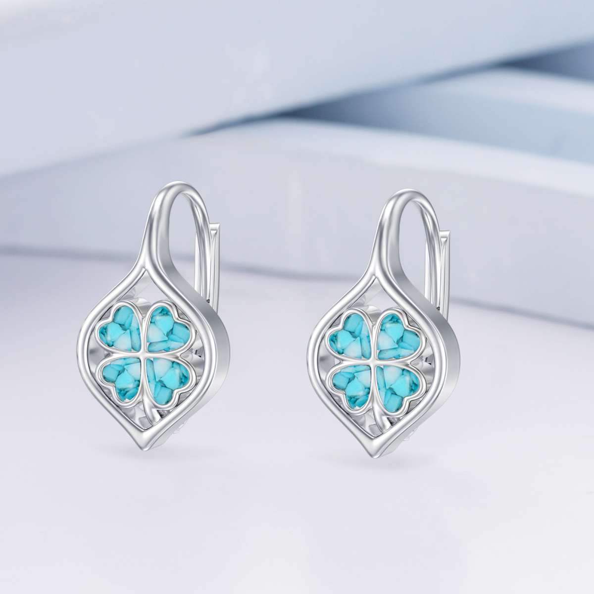 Boucles d'oreilles en argent sterling en forme de coeur avec turquoise et trèfle à quatre-3