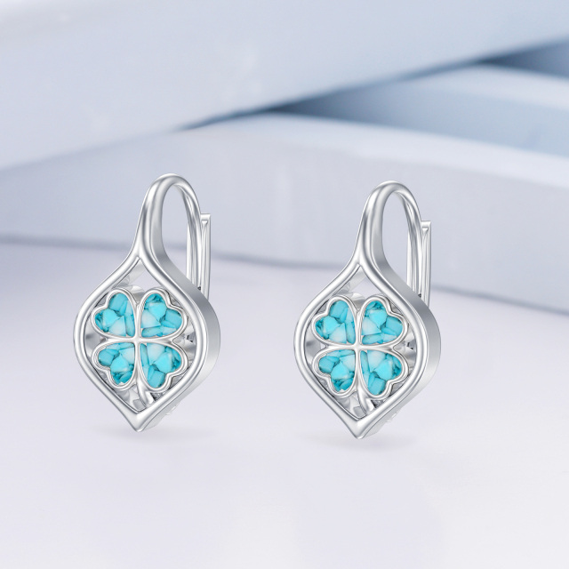 Sterling Silver Heart Shaped Turquoise Four Leaf Clover Lever-back Earrings-3