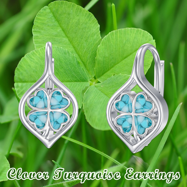 Sterling Silver Heart Shaped Turquoise Four Leaf Clover Lever-back Earrings-5