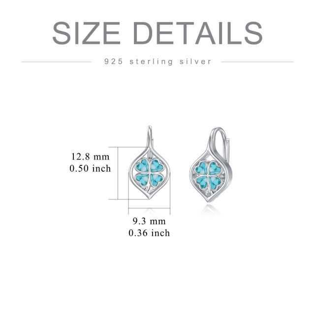 Sterling Silver Heart Shaped Turquoise Four Leaf Clover Lever-back Earrings-6