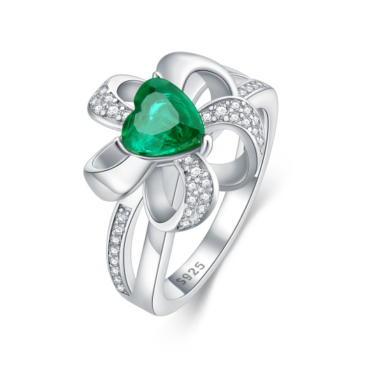 Sterling Silver Heart Cut Lab Grown Emerald Flower Promise Ring For Women