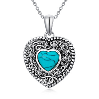 Sterling Silver Heart Shaped Turquoise Sunflower & Heart Pendant Necklace-42