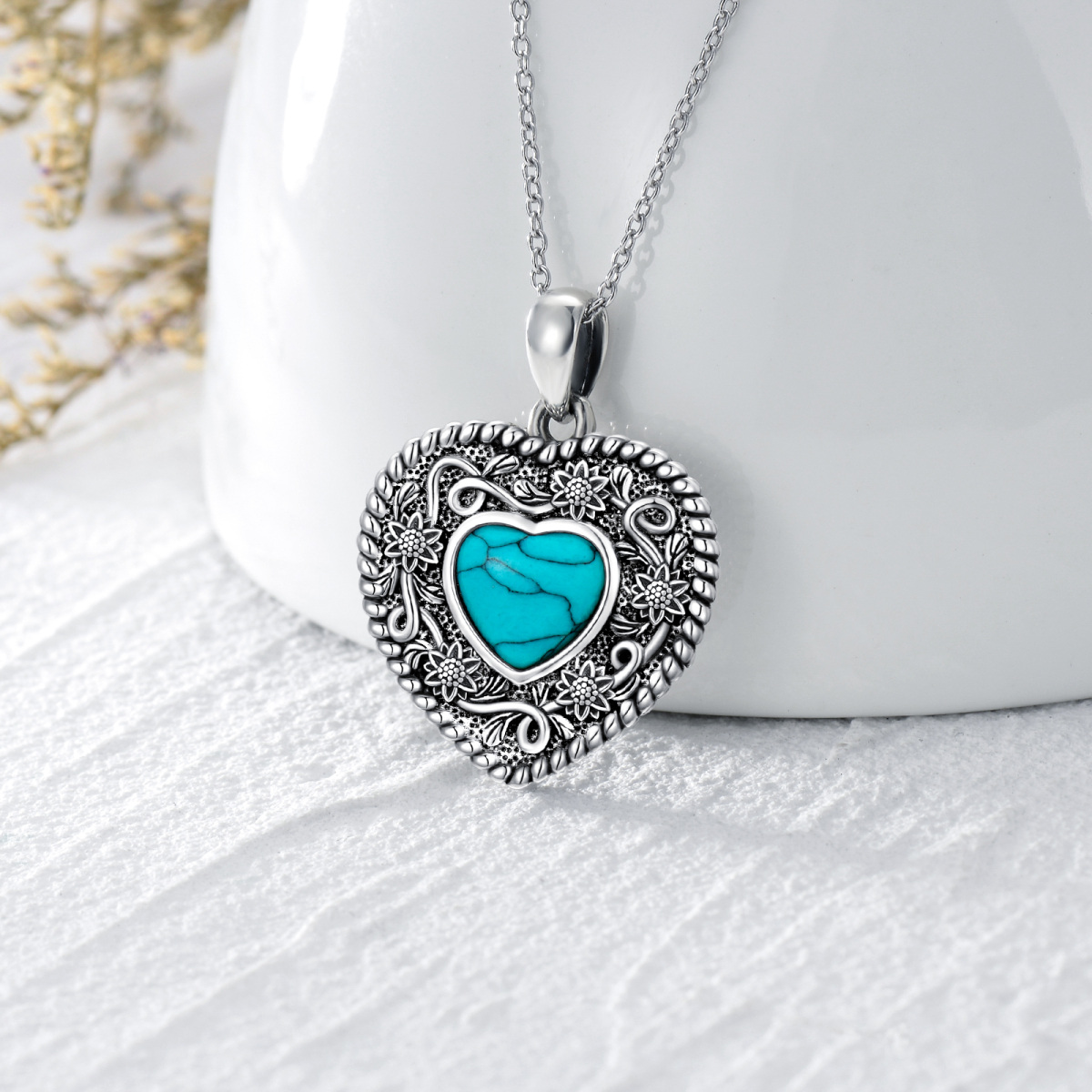 Collar de plata de ley con forma de corazón girasol turquesa y colgante de corazón-3