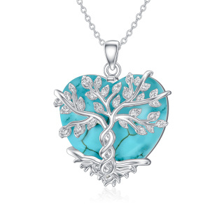 Sterling Silver Heart Turquoise Tree Of Life Pendant Necklace For Women-3