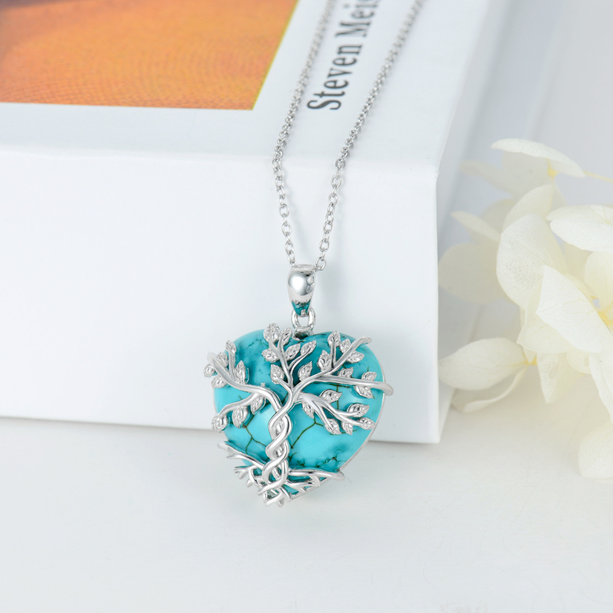 Sterling Silver Heart Turquoise Tree Of Life Pendant Necklace For Women-3