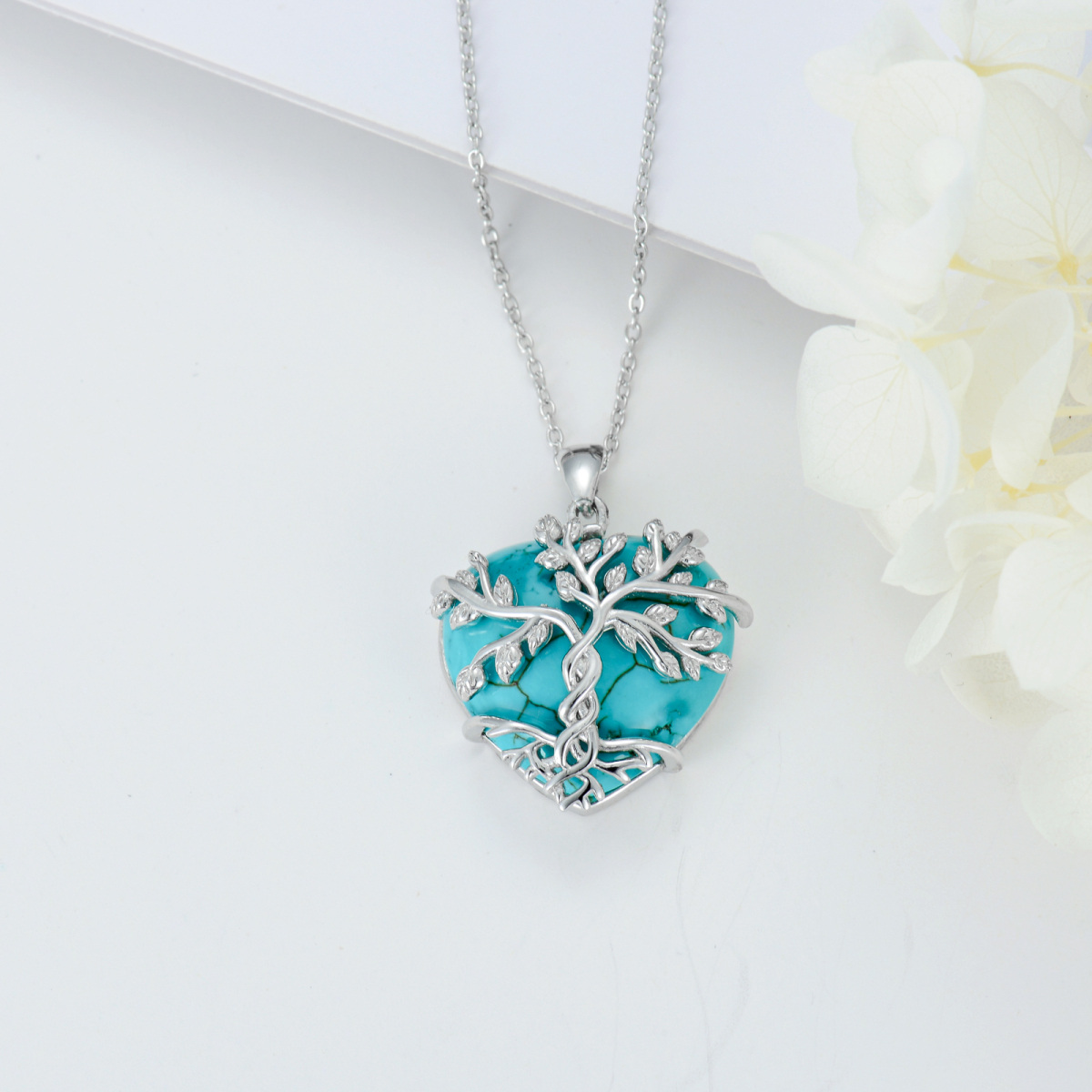 Sterling Silver Heart Turquoise Tree Of Life Pendant Necklace For Women-4