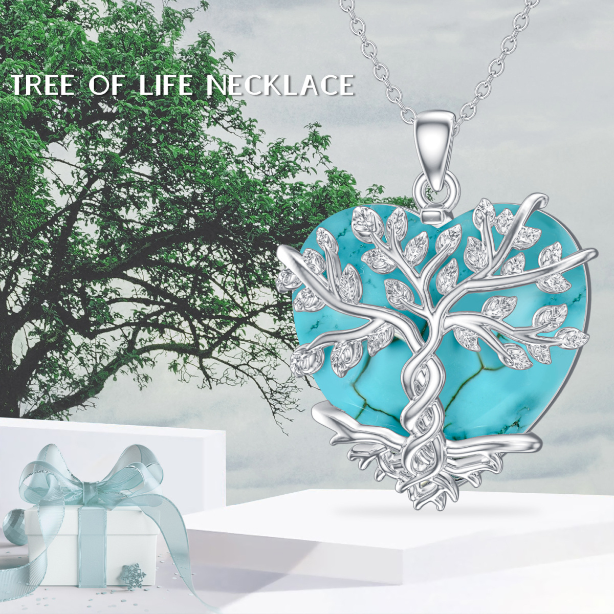 Sterling Silver Heart Turquoise Tree Of Life Pendant Necklace For Women-6