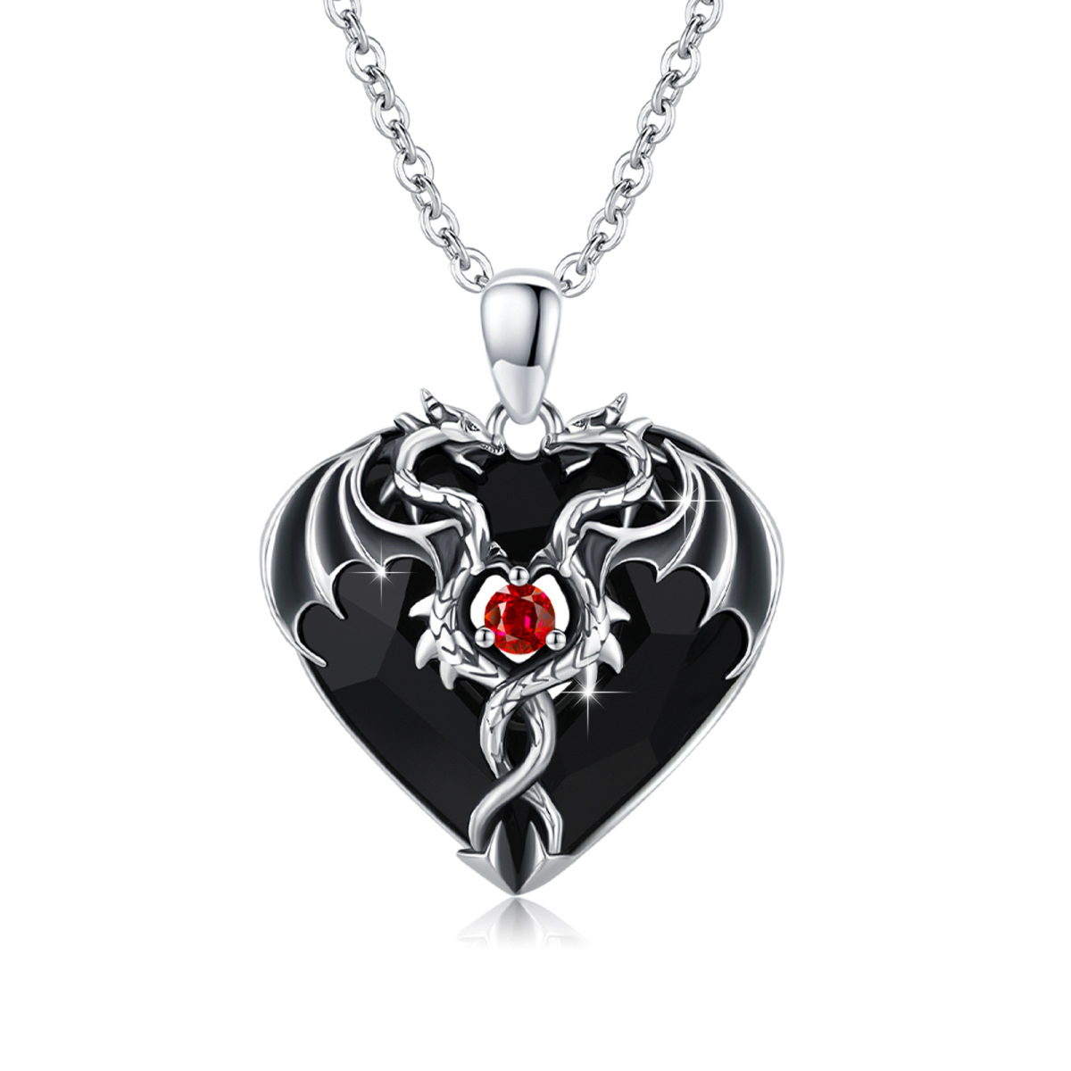 Sterling Silver Heart Black Crystal Twisted Dragon Pendant Necklace For Unisex-1