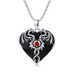 Sterling Silver Heart Black Crystal Twisted Dragon Pendant Necklace For Unisex-5