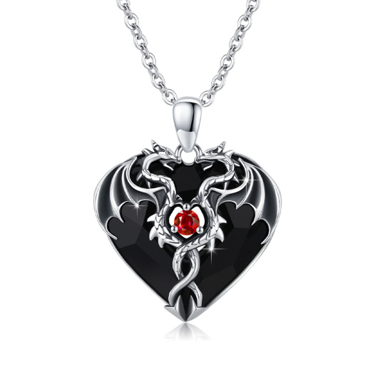 Sterling Silver Heart Shaped Twisted Dragon Black Heart Crystal Pendant Necklace