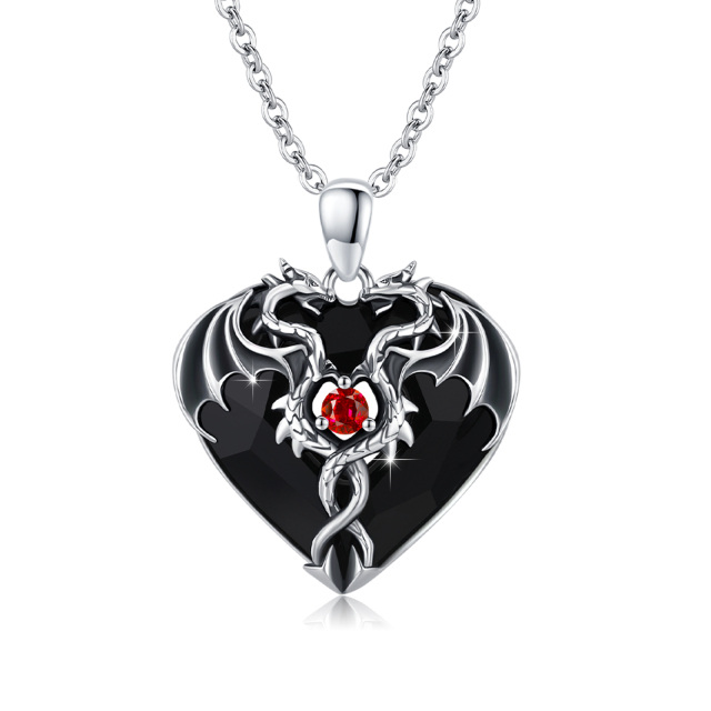 Sterling Silver Heart Shaped Twisted Dragon Black Heart Crystal Pendant Necklace-4