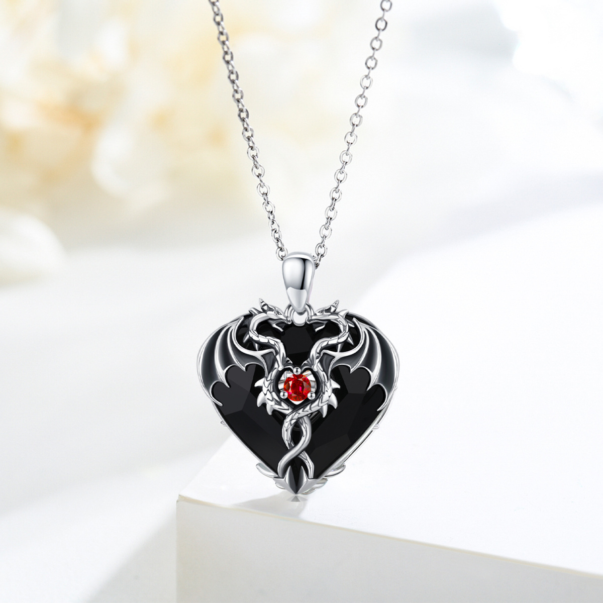 Sterling Silver Heart Black Crystal Twisted Dragon Pendant Necklace For Unisex-4