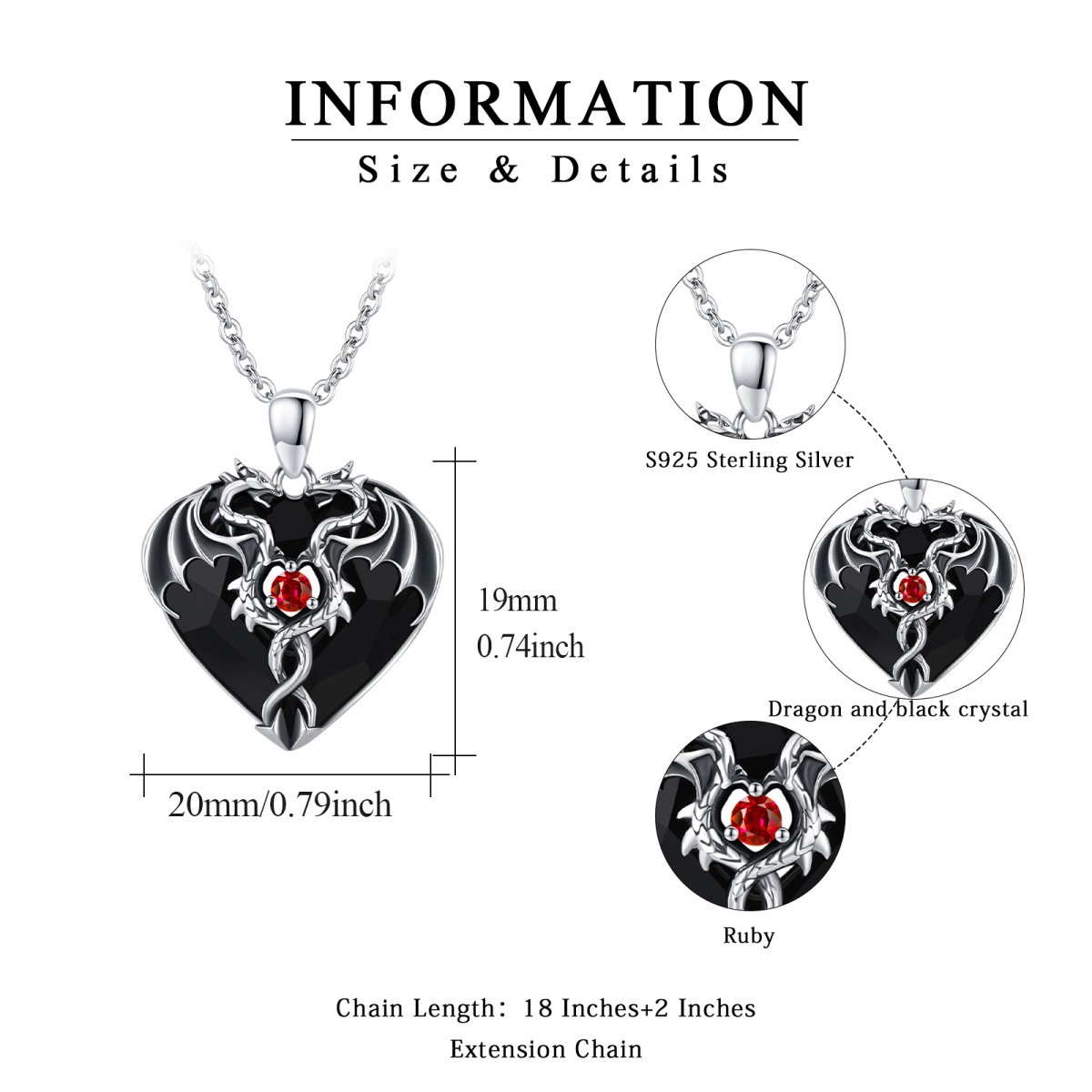 Sterling Silver Heart Black Crystal Twisted Dragon Pendant Necklace For Unisex-5