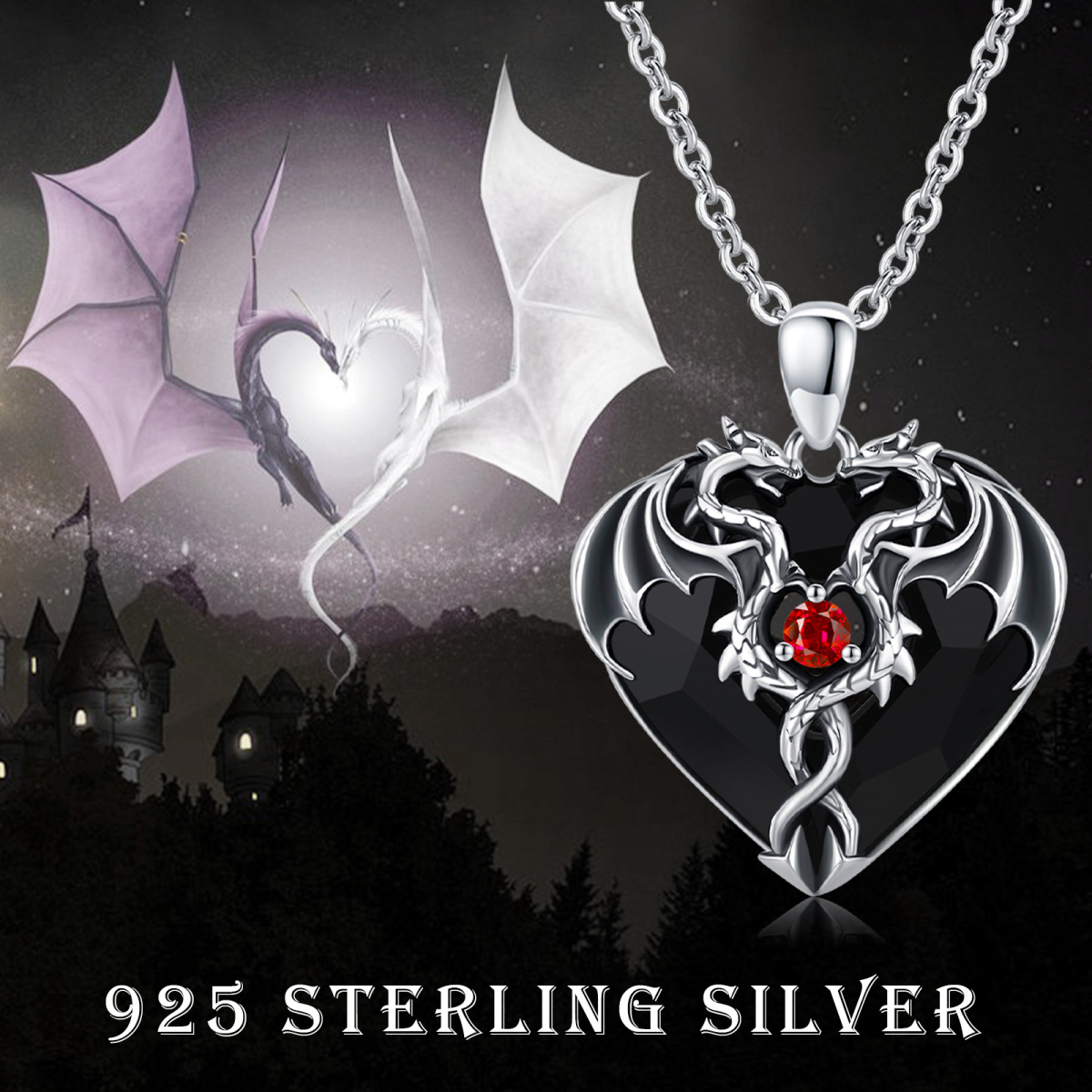 Sterling Silver Heart Black Crystal Twisted Dragon Pendant Necklace For Unisex-6