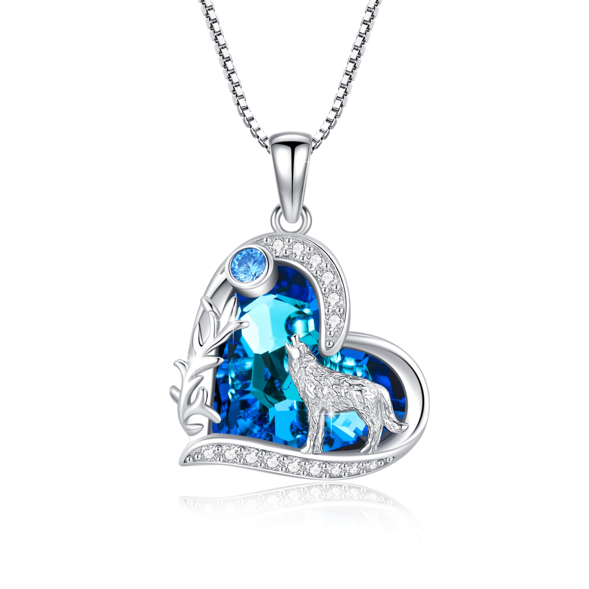 Sterling Silver Blue Heart Wolf Crystal Pendant Necklace For Women-1