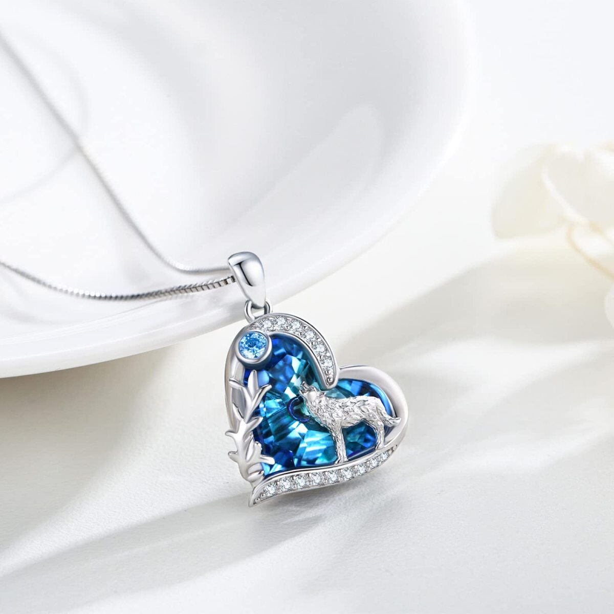 Sterling Silver Blue Heart Wolf Crystal Pendant Necklace For Women-3