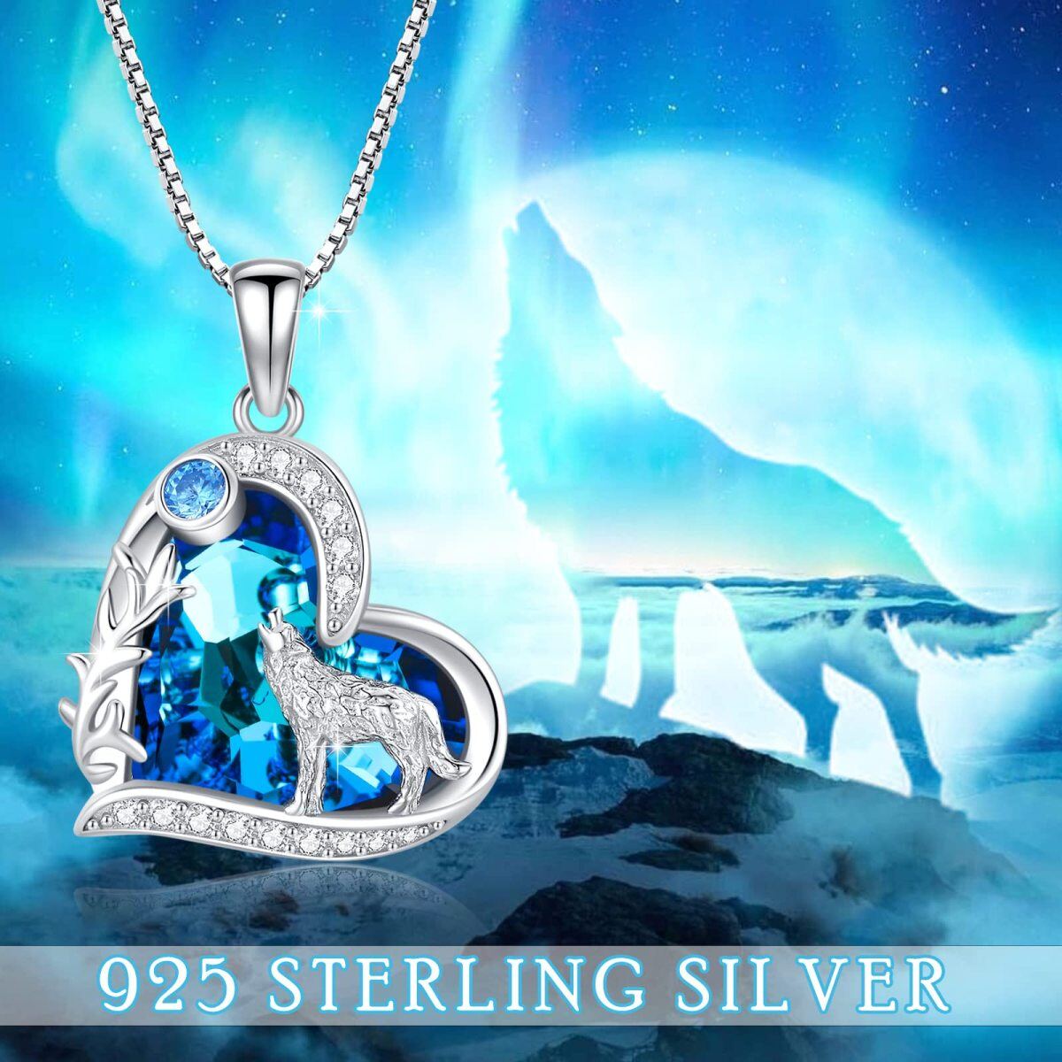 Sterling Silver Blue Heart Wolf Crystal Pendant Necklace For Women-4