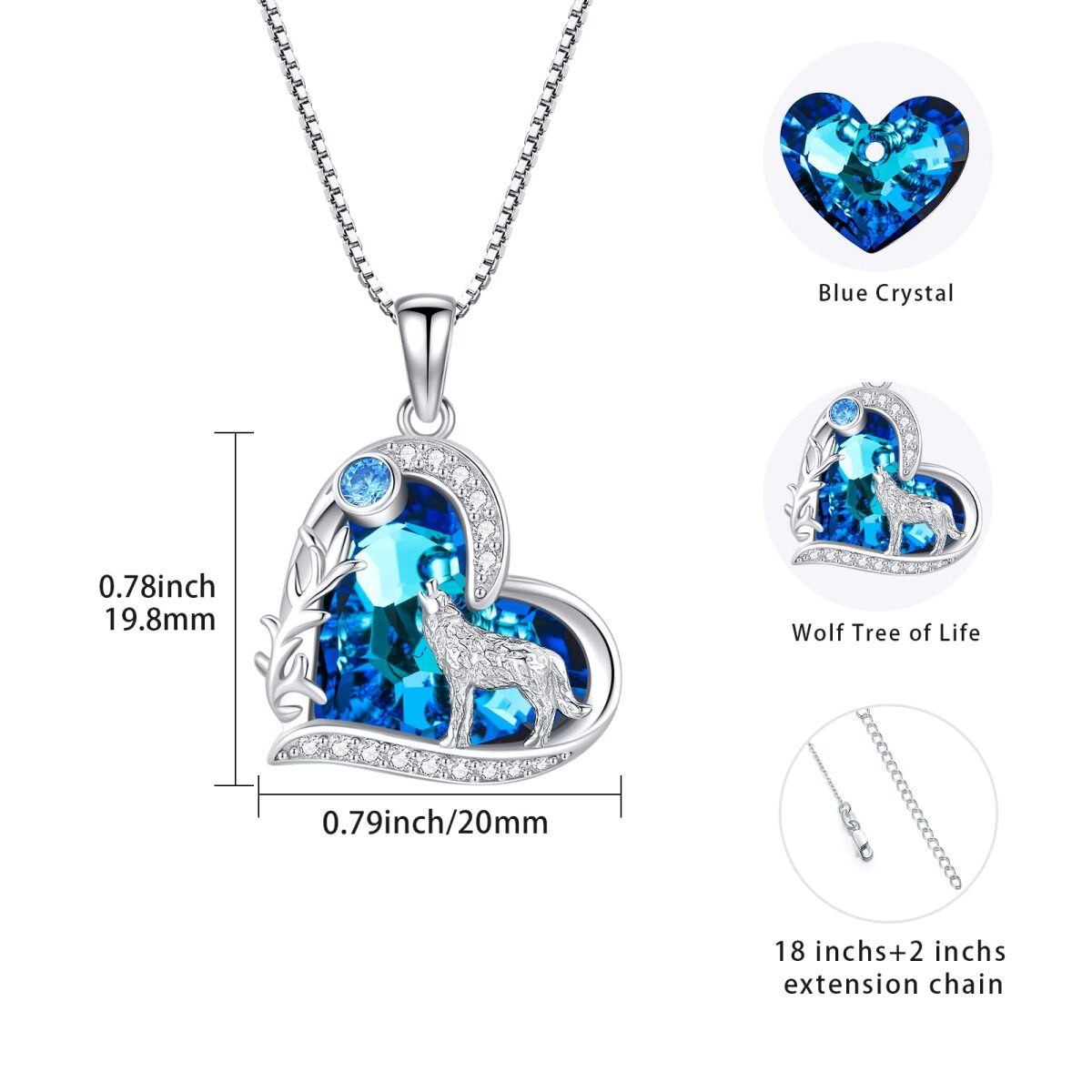 Sterling Silver Blue Heart Wolf Crystal Pendant Necklace For Women-5